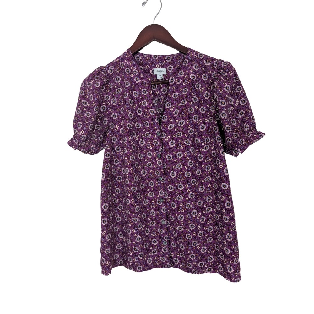J.Crew‎ Purple Floral Puff Sleeve Button Front Top XS Daisy Print Blouse V-neck